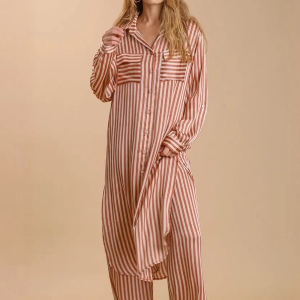 NWT UMGEE Bohemian Dusty Rose Stripe Button Down Duster Top S M L